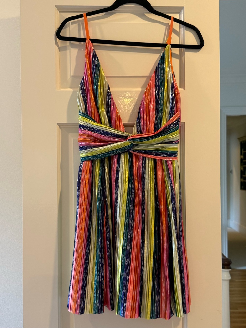 Luxxel Multicolor Striped V-Neck Mini Dress with Orange Straps